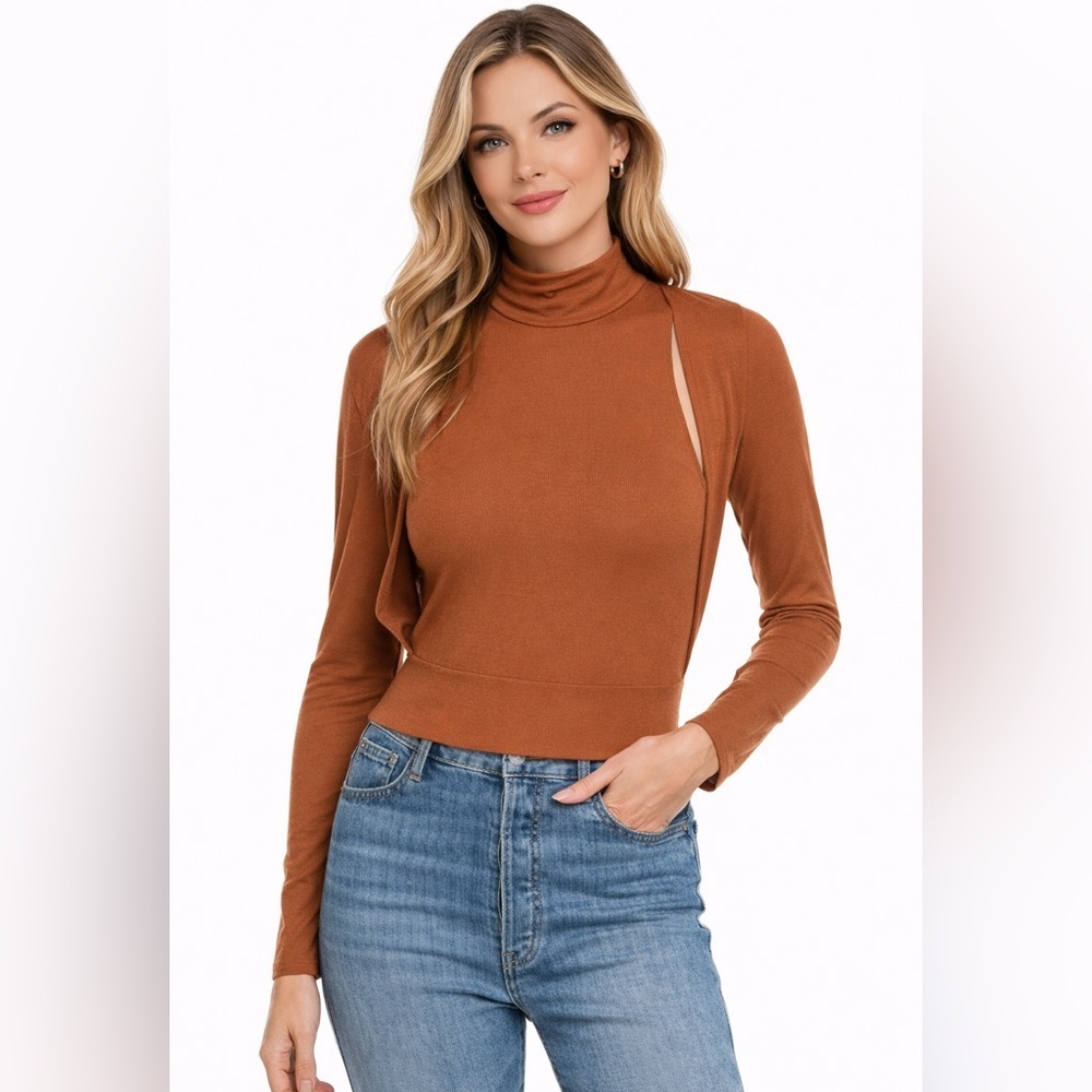 ASTR the Label Brown Mock Neck Shrug Long Sleeve Top